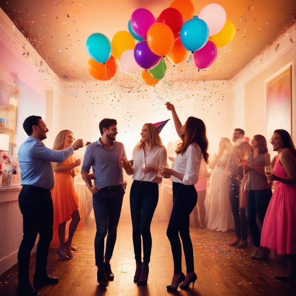 Visualize a lively scene depicting a group of diverse, joyful people engaging in playful and flirtatious interaction, surrounded by colorful balloons and soft lighting. Incorporate a mix of curvy silhouettes and playful expressions, emphasizing excitement and fun. Set the atmosphere in a cozy environment that feels both inviting and adventurous, with hints of whimsy like confetti and sparkles in the air. Include elements of celebration, like party hats and cocktails, symbolizing carefree encounters. vibrant colors. festive atmosphere.