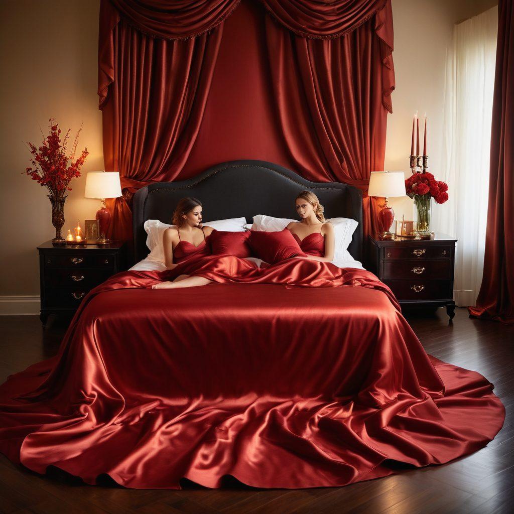 A captivating scene showcasing a tastefully arranged bedroom with luxurious satin sheets, soft ambient lighting, and sultry silhouettes. Include an elegantly draped figure lounging gracefully, surrounded by candles and sumptuous fabrics, evoking intimacy and allure. Enhance with rich reds and golds to emphasize sensuality. artistic photography. warm tones. slight blur for a dreamy effect.